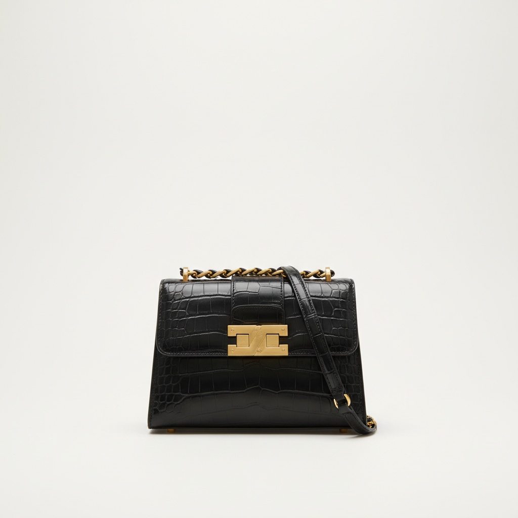 Czarna Torebka Skóra Krokodyla Elegancka z Zapięciem