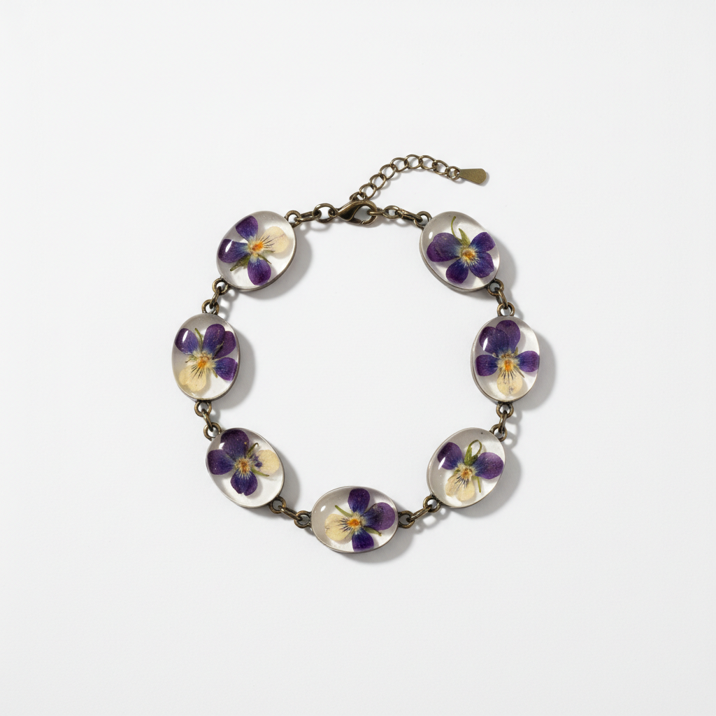 Bransoletka z fiołkami w żywicy